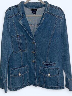 Denim & Co vintage blue denim jacket zipper detailed pockets